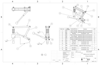 5
1
7
12
12
1/4
9
13
9
1/8 TYP
1/8
3
12
2
9
10
5
8
11 6
1
13
4
7
ITEM NO. PART
NUMBER DESCRIPTION Vendor QTY.
1 316 Main Linkage Midwest Steel and Aluminum 1
2 307 Rod Channel Midwest Steel and Aluminum 1
3 302 Bearing McMaster - Carr 3
4 203 Press Assembly Midwest Steel and Aluminum 1
5 330 Top Linkage Midwest Steel and Aluminum 2
6 303 Bottom Linkage Midwest Steel and Aluminum 2
7 317 Middle Linkage Midwest Steel and Aluminum 2
8 315 Link Boss Midwest Steel and Aluminum 2
9 341 Hex Nut McMaster -Carr 5
10 339 Hex Bolt 1 McMaster -Carr 1
11 208 Lever Assembly Midwest Steel Aluminum 1
12 338 Hex Bolt 2 McMaster -Carr 2
13 340 Hex Bolt 3 McMaster -Carr 2A A
B B
4
4
3
3
2
2
1
1
Desktop Sand Casting Unit
Linkage Assembly
DO NOT SCALE DRAWING
207
SHEET 1 OF 1
UNLESS OTHERWISE SPECIFIED:
SCALE: 1:8 WEIGHT:
REVDWG. NO.
B
SIZE
TITLE:
NAME
COMMENTS:
Q.A.
MFG APPR.
ENG APPR.
CHECKED
DRAWN BY:
Smooth
FINISH
MATERIAL
INTERPRET GEOMETRIC
TOLERANCING PER:
DIMENSIONS ARE IN INCHES
TOLERANCES:
FRACTIONAL
ANGULAR: MACH BEND
TWO PLACE DECIMAL
THREE PLACE DECIMAL
APPLICATION
USED ONNEXT ASSY
Sand-A-Saurus Rex
(Group 5) ME333
Aluminum
Patrick Lindmeier
 