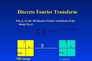 Discrete Fourier Transform
F(kx,ky) is the 2D discrete Fourier transform of the
image f(x,y)
f x y
N
F k k e
xk yk
kk
x y
j
N
x j
N
yNN
yx
( , ) ( , )=
+






=
−
=
−
∑∑
1
2
2 2
0
1
0
1 π π
x
y
f(x,y)
kx
ky
ℑ
k-space
F(kx,ky)
MR image
 