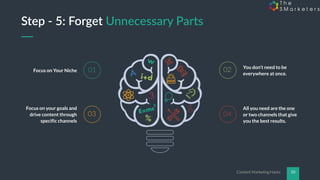 Content Marketing Hacks 10
Focus on Your Niche
Focus on your goals and
drive content through
specific channels
You don’t need to be
everywhere at once.
All you need are the one
or two channels that give
you the best results.
01
03
02
04
Step - 5: Forget Unnecessary Parts
 
