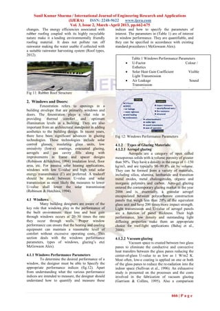 Sunil Kumar Sharma / International Journal of Engineering Research and Applications
                     (IJERA)      ISSN: 2248-9622     www.ijera.com
                      Vol. 3, Issue 2, March -April 2013, pp.662-675
changes. The energy efficiencies associated with       indices and how to specify the parameters of
rubber roofing coupled with its highly recyclable      interest. The parameters in (Table 1) are of interest
nature make it a leading environmentally friendly      in window performance. They are quantifiable, and
roofing material. It does not pollute run off          they can be specified in accordance with existing
rainwater making the water usable if collected with    standard procedures ( McGowaon Alex).
a suitable rainwater harvesting system (Roof types,
2012).
                                                                  Table 1 Windows Performance Parameters
                                                                 U-Factor                        Colour /
                                                                  Esthetics
                                                                 Solar Heat Gain Coefficient      Visible
                                                                  Light Transmission
                                                                 Air Leakage                       Sound
                                                                  Transmission
                                                                 Water Tightness                  Impact
Fig 11: Rubber Roof Structure                                     Resistance
                                                                 Wind Loading                     Fire
2. Windows and Doors:                                             Resistance
         Fenestration refers to openings in a                    Condensation
building envelope that are primarily windows and
doors. The fenestration plays a vital role in
providing thermal comfort and optimum
illumination levels in a building. They are also
important from an architectural standpoint in adding
aesthetics to the building design. In recent years,
there have been significant advances in glazing        Fig 12: Windows Performance Parameters
technologies. These technologies include solar
control glasses, insulating glass units, low           4.1.2 Types of Glazing Materials:
emissivity (low-e) coatings, evacuated glazing,        4.1.2.1 Aerogel glazing
aerogels and gas cavity fills along with                        Aerogels are a category of open celled
improvements in frame and spacer designs               mesoporous solids with a volume porosity of greater
(Robinson &Hutchins, 1994) insulation level, floor     than 50%. They have a density in the range of 1–150
area, etc. For passive solar heating applications,     kg/m3, and are typically 90–99.8% air by volume.
windows with low U-value and high total solar          They can be formed from a variety of materials,
energy transmittance (Г) are preferred. A tradeoff     including silica, alumina, lanthanide and transition
should be made between U-value and solar               metal oxides, metal chalcogenides, organic and
transmission as most likely the measures to lower      inorganic polymers and carbon. Aero-gel glazing
U-value shall lower the solar transmission             entered the contemporary glazing market in the year
(Robinson & Hutchins, 1994).                           2006 and is, essentially, a granular aerogel
     .                                                 encapsulated between polycarbonate construction
4.1 Windows:                                           panels that weigh less than 20% of the equivalent
         Many building designers are aware of the      glass unit and have 200 times more impact strength.
key role that windows play in the performance of       Light transmission and U-value of aerogel panels
the built environment. Heat loss and heat gain         are a function of panel thickness. Their high
through windows occurs at 20–30 times the rate         performance, low density and outstanding light
they occur through walls. Proper window                diffusing properties make them an appropriate
performance can ensure that the heating and cooling    choice for roof-light applications (Bahaj et al.,
equipment can maintain a reasonable level of           2008).
comfort without excessive operating costs. This
section deals with the windows performance             4.1.2.2 Vacuum glazing
parameters, types of windows, glazing’s etc(                    Vacuum space is created between two glass
McGowaon Alex).                                        panes to eliminate the conductive and convective
                                                       heat transfers between the glass panes reducing the
4.1.1 Windows Performance Parameters                   center-of-glass U-value to as low as 1 W/m2 K.
         To determine the desired performance of a     Most often, low-e coating is applied on one or both
window, the designer must be able to Specify the       of the glass panes to reduce the re-radiation into the
appropriate performance indices (fig.12). Apart        indoor space (Sullivan et al., 1996). An exhaustive
from understanding what the various performance        study is presented on the processes and the costs
indices are intended to measure, the designer should   involved in the fabrication of vacuum glazing
understand how to quantify and measure these           (Garrison & Collins, 1995). Also a comparison


                                                                                             666 | P a g e
 