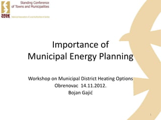 Importance of
Municipal Energy Planning
Workshop on Municipal District Heating Options
Obrenovac 14.11.2012.
Bojan Gajić
1
 