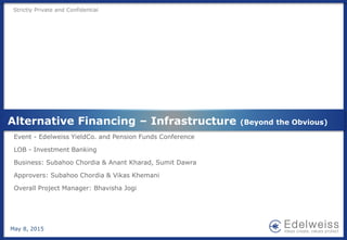 Strictly Private and Confidential
Alternative Financing – Infrastructure (Beyond the Obvious)
Event - Edelweiss YieldCo. and Pension Funds Conference
LOB - Investment Banking
Business: Subahoo Chordia & Anant Kharad, Sumit Dawra
Approvers: Subahoo Chordia & Vikas Khemani
Overall Project Manager: Bhavisha Jogi
May 8, 2015
 