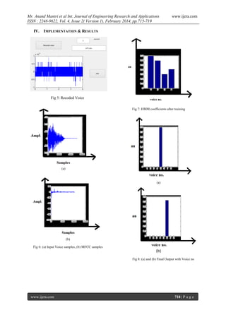 Mr. Anand Mantri et al Int. Journal of Engineering Research and Applications
ISSN : 2248-9622, Vol. 4, Issue 2( Version 1), February 2014, pp.715-719
IV.

www.ijera.com

IMPLEMENTATION & RESULTS

Fig 5: Recoded Voice
Fig 7: HMM coefficients after training

(a)

(a)

(b)
Fig 6: (a) Input Voice samples, (b) MFCC samples

(b)
Fig 8: (a) and (b) Final Output with Voice no

www.ijera.com

718 | P a g e

 
