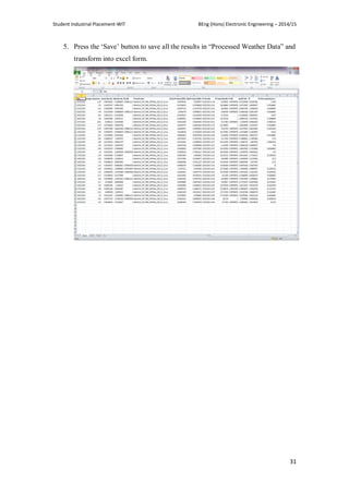 Student Industrial Placement-WIT BEng (Hons) Electronic Engineering – 2014/15
31
5. Press the ‗Save‘ button to save all the results in ―Processed Weather Data‖ and
transform into excel form.
 