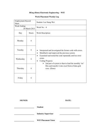 BEng (Hons) Electronic Engineering – WIT
Work Placement Weekly Log
Employment Record
Sheet
Student: Lee Siang Wei
Week Ending:
20 March 2015
Week No. : 4
Day Hours Work Description
Monday 6
 Interpreted and investigated the former code with errors.
 Modified it and improved the previous system.
 Examined and tested the code repeatedly until no error
exists.
 Coding Progress:
 2nd part of system is then to load the monthly „txt‟
files and transfer it into excel form of data grid
view. (Done)
Tuesday 6
Wednesday 6
Thursday 6
Friday 6
SIGNED: DATE:
_____________________ Student _____________________
_____________________ Industry Supervisor _____________________
_____________________ WIT Placement Tutor _____________________
 