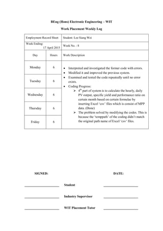 BEng (Hons) Electronic Engineering – WIT
Work Placement Weekly Log
Employment Record Sheet Student: Lee Siang Wei
Week Ending:
17 April 2015
Week No. : 8
Day Hours Work Description
Monday 6  Interpreted and investigated the former code with errors.
 Modified it and improved the previous system.
 Examined and tested the code repeatedly until no error
exists.
 Coding Progress:
 4th
part of system is to calculate the hourly, daily
PV output, specific yield and performance ratio on
certain month based on certain formulae by
inserting Excel „csv‟ files which is consist of MPP
data. (Done)
 The problem solved by modifying the codes. This is
because the „temppath‟ of the coding didn‟t match
the original path name of Excel „csv‟ files.
Tuesday 6
Wednesday 6
Thursday 6
Friday 6
SIGNED: DATE:
_____________________ Student _____________________
_____________________ Industry Supervisor _____________________
_____________________ WIT Placement Tutor _____________________
 