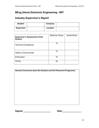 Student Industrial Placement Guide – WIT BEng (Hons) Electronic Engineering – 2014/15
20
BEng (Hons) Electronic Engineering - WIT
Industry Supervisor’s Report
Student Company
Supervisor Location
Supervisor’s Assessment of the
Student
Maximum Score Actual Score
Technical Competence
10
Ability to Communicate
10
Enthusiasm 10
TOTAL 30
General Comments about the Student and the Placement Programme
Signed: _______________________ Date:________________
 
