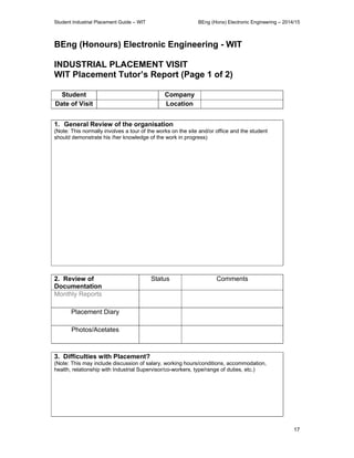Student Industrial Placement Guide – WIT BEng (Hons) Electronic Engineering – 2014/15
17
BEng (Honours) Electronic Engineering - WIT
INDUSTRIAL PLACEMENT VISIT
WIT Placement Tutor’s Report (Page 1 of 2)
Student Company
Date of Visit Location
1. General Review of the organisation
(Note: This normally involves a tour of the works on the site and/or office and the student
should demonstrate his /her knowledge of the work in progress)
2. Review of
Documentation
Status Comments
Monthly Reports
Placement Diary
Photos/Acetates
3. Difficulties with Placement?
(Note: This may include discussion of salary, working hours/conditions, accommodation,
health, relationship with Industrial Supervisor/co-workers, type/range of duties, etc.)
 