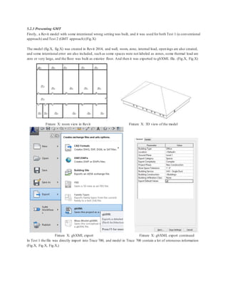5.2.3 Presenting GMT
Firstly, a Revit model with some intentional wrong setting was built, and it was used for both Test 1 (a conventional
approach) and Test 2 (GMT approach) (Fig.X)
The model (fig.X, fig.X) was created in Revit 2014, and wall, room, zone, internal load, openings are also created,
and some intentional error are also included, such as some spaces were not labeled as zones, some thermal load are
zero or very large, and the floor was built as exterior floor. And then it was exported to gbXML file. (Fig.X, Fig.X)
Fixture X: room view in Revit Fixture X: 3D view of the model
Fixture X: gbXML export Fixture X: gbXML export continued
In Test 1 the file was directly import into Trace 700, and model in Trace 700 contain a lot of erroneous information
(Fig.X, Fig.X, Fig.X,)
 