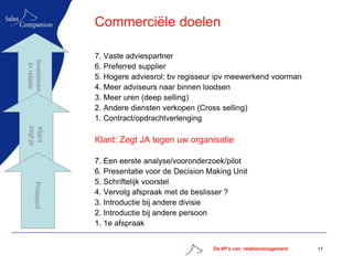 Commerciële doelen

                7. Vaste adviespartner
Investeren
 In relatie




                6. Preferred supplier
                5. Hogere adviesrol: bv regisseur ipv meewerkend voorman
                4. Meer adviseurs naar binnen loodsen
                3. Meer uren (deep selling)
                2. Andere diensten verkopen (Cross selling)
                1. Contract/opdrachtverlenging
zegt ja
Klant




                Klant: Zegt JA tegen uw organisatie

                7. Een eerste analyse/vooronderzoek/pilot
                6. Presentatie voor de Decision Making Unit
                5. Schriftelijk voorstel
     Prospect




                4. Vervolg afspraak met de beslisser ?
                3. Introductie bij andere divisie
                2. Introductie bij andere persoon
                1. 1e afspraak


                                                 De 4P’s van relatiemanagement   17
 
