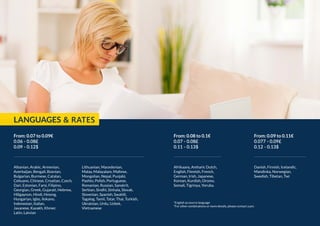 From: 0.07 to 0.09€
0.06 - 0.08£
0.09 - 0.12$
Albanian, Arabic, Armenian,
Azerbaijan, Bengali, Bosnian,
Bulgarian, Burmese, Catalan,
Cebuano, Chinese, Croatian, Czech,
Dari, Estonian, Farsi, Filipino,
Georgian, Greek, Gujarati, Hebrew,
Hiligaynon, Hindi, Hmong,
Hungarian, Igbo, Ilokano,
Indonesian, Italian,
Javanese, Kazakh, Khmer,
Latin, Latvian
Lithuanian, Macedonian,
Malay, Malayalam, Maltese,
Mongolian, Nepal, Punjabi,
Pashto, Polish, Portuguese,
Romanian, Russian, Sanskrit,
Serbian, Sindhi, Sinhala, Slovak,
Slovenian, Spanish, Swahili,
Tagalog, Tamil, Tatar, Thai, Turkish,
Ukrainian, Urdu, Uzbek,
Vietnamese
From: 0.08 to 0.1€
0.07 - 0.08£
0.11 - 0.13$
Afrikaans, Amharic Dutch,
English, Flemish, French,
German, Irish, Japanese,
Korean, Kurdish, Oromo,
Somali, Tigrinya, Yoruba.
*English as source language
*For other combinations or more details, please contact a pm.
From: 0.09 to 0.11€
0.077 - 0.09£
0.12 - 0.13$
Danish, Finnish, Icelandic,
Mandinka, Norwegian,
Swedish, Tibetan, Twi
LANGUAGES & RATES
 