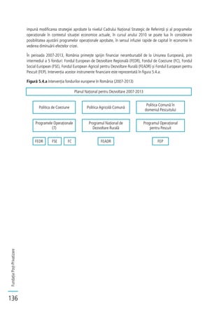FundațiaPost-Privatizare
136
impună modificarea strategiei aprobate la nivelul Cadrului Național Strategic de Referință și al programelor
operaționale în contextul situației economice actuale, în cursul anului 2010 se poate lua în considerare
posibilitatea ajustării programelor operaționale aprobate, în sensul infuziei rapide de capital în economie în
vederea diminuării efectelor crizei.
În perioada 2007-2013, România primește sprijin financiar nerambursabil de la Uniunea Europeană, prin
intermediul a 5 fonduri: Fondul European de Dezvoltare Regională (FEDR), Fondul de Coeziune (FC), Fondul
Social European (FSE), Fondul European Agricol pentru Dezvoltare Rurală (FEADR) și Fondul European pentru
Pescuit (FEP). Intervenția acestor instrumente financiare este reprezentată în figura 5.4.a:
Figură 5.4.a Intervenția fondurilor europene în România (2007-2013)
Planul Național pentru Dezvoltare 2007-2013
Politica de Coeziune Politica Agricolă Comună
Politica Comună în
domeniul Pescuitului
Programele Operaționale
(7)
Programul Național de
Dezvoltare Rurală
Programul Operațional
pentru Pescuit
FEDR FSE FC FEADR FEP
 