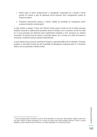 FundațiaPost-Privatizare
143
Nivelul scăzut al culturii antreprenoriale50
și manageriale, incapacitatea de a concepe și derula
proiecte de investiții și lipsa de experiență privind accesarea sau/și managementul surselor de
finanțare europene;
Procedurile administrative greoaie și criteriile, stabilite de autoritățile de management, pentru
accesarea finanțărilor nerambursabile.
La toate acestea se adaugă: (1) lipsa unei informări corecte asupra riscurilor pe care le implică accesarea
fondurilor structurale și implementarea proiectelor admise la finanțare, care se constituie, de cele mai multe
ori, în cauza principală care determină eșecul implementării proiectelor și chiar renunțarea sau rezilierea
contractelor, (2) procesul lung de evaluare a proiectelor depuse, cât și (3) lipsa unui sistem de evaluare și
coordonare a asistenței financiare acordate întreprinzătorilor.
La baza analizei privind accesul la schemele de finanțare și capacitatea IMM-urilor de absorbție a fondurilor
europene au stat datele furnizate de către Autoritățile de Management înregistrate până la 31 decembrie
2009 și care sunt prezentate în tabelul următor:
50
Cultura antreprenorială în România nu este la fel de favorabilă ca în alte zone. Spre exemplu, cetățenii români sunt
mai puțin înclinați să devină antreprenori și își asumă mai puține riscuri decât omologii americani. Pentru o analiză
detaliată a culturii antreprenoriale în România, a se vedea subcapitolul 4.3 al prezentului raport.
 