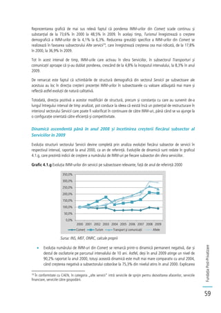FundațiaPost-Privatizare
59
Reprezentarea grafică de mai sus relevă faptul că ponderea IMM-urilor din Comerț scade continuu și
substanțial de la 73,6% în 2000 la 48,5% în 2009. În același timp, Turismul înregistrează o creștere
demografică a IMM-urilor de la 4,1% la 6,3%. Reducerea greutății specifice a IMM-urilor din Comerț se
realizează în favoarea subsectorului Alte servicii19
, care înregistrează creșterea cea mai ridicată, de la 17,8%
în 2000, la 36,9% în 2009.
Tot în acest interval de timp, IMM-urile care activau în sfera Serviciilor, în subsectorul Transporturi și
comunicații aproape că și-au dublat ponderea, crescând de la 4,8% la începutul intervalului, la 8,3% în anul
2009.
De remarcat este faptul că schimbările de structură demografică din sectorul Servicii pe subsectoare ale
acestuia au loc în direcția creșterii prezenței IMM-urilor în subsectoarele cu valoare adăugată mai mare și
reflectă astfel evoluții de natură calitativă.
Totodată, direcția pozitivă a acestor modificări de structură, precum și constanța cu care au survenit de-a
lungul întregului interval de timp analizat, pot conduce la ideea că există încă un potențial de restructurare în
interiorul sectorului Servicii care poate fi valorificat în continuare de către IMM-uri, până când se va ajunge la
o configurație orientată către eficiență și competitivitate.
Dinamică ascendentă până în anul 2008 și încetinirea creșterii fiecărui subsector al
Serviciilor în 2009
Evoluția structurii sectorului Servicii devine completă prin analiza evoluției fiecărui subsector de servicii în
respectivul interval, raportat la anul 2000, ca an de referință. Evoluțiile de dinamică sunt redate în graficul
4.1.g, care prezintă indicii de creștere a numărului de IMM-uri pe fiecare subsector din sfera serviciilor.
Grafic 4.1.g Evoluția IMM-urilor din servicii pe subsectoare relevante, față de anul de referință 2000
Sursa: INS, MEF, ONRC, calcule proprii
Evoluția numărului de IMM-uri din Comerț se remarcă printr-o dinamică permanent negativă, dar și
destul de oscilatorie pe parcursul intervalului de 10 ani. Astfel, deși în anul 2009 atinge un nivel de
90,2% raportat la anul 2000, totuși această dinamică este mult mai mare comparativ cu anul 2004,
când creșterea negativă a subsectorului coborâse la 75,3% din nivelul atins în anul 2000. Explicarea
19
În conformitate cu CAEN, în categoria „alte servicii” intră serviciile de sprijin pentru dezvoltarea afacerilor, serviciile
financiare, serviciile către gospodării.
0,0%
50,0%
100,0%
150,0%
200,0%
250,0%
300,0%
350,0%
2000 2001 2002 2003 2004 2005 2006 2007 2008 2009
Comerţ Turism Transport şi comunicaţii Altele
 