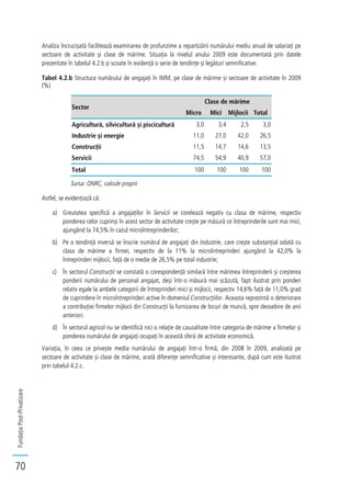 FundațiaPost-Privatizare
70
Analiza încrucișată facilitează examinarea de profunzime a repartizării numărului mediu anual de salariați pe
sectoare de activitate și clase de mărime. Situația la nivelul anului 2009 este documentată prin datele
prezentate în tabelul 4.2.b și scoate în evidență o serie de tendințe și legături semnificative.
Tabel 4.2.b Structura numărului de angajați în IMM, pe clase de mărime și sectoare de activitate în 2009
(%)
Sector
Clase de mărime
Micro Mici Mijlocii Total
Agricultură, silvicultură și piscicultură 3,0 3,4 2,5 3,0
Industrie și energie 11,0 27,0 42,0 26,5
Construcții 11,5 14,7 14,6 13,5
Servicii 74,5 54,9 40,9 57,0
Total 100 100 100 100
Sursa: ONRC, calcule proprii
Astfel, se evidențiază că:
a) Greutatea specifică a angajaților în Servicii se corelează negativ cu clasa de mărime, respectiv
ponderea celor cuprinși în acest sector de activitate crește pe măsură ce întreprinderile sunt mai mici,
ajungând la 74,5% în cazul microîntreprinderilor;
b) Pe o tendință inversă se înscrie numărul de angajați din Industrie, care crește substanțial odată cu
clasa de mărime a firmei, respectiv de la 11% la microîntreprinderi ajungând la 42,0% la
întreprinderi mijlocii, față de o medie de 26,5% pe total industrie;
c) În sectorul Construcții se constată o corespondență similară între mărimea întreprinderii și creșterea
ponderii numărului de personal angajat, deși într-o măsură mai scăzută, fapt ilustrat prin ponderi
relativ egale la ambele categorii de întreprinderi mici și mijlocii, respectiv 14,6% față de 11,0% grad
de cuprindere în microîntreprinderi active în domeniul Construcțiilor. Aceasta reprezintă o deteriorare
a contribuției firmelor mijlocii din Construcții la furnizarea de locuri de muncă, spre deosebire de anii
anteriori.
d) În sectorul agricol nu se identifică nici o relație de cauzalitate între categoria de mărime a firmelor și
ponderea numărului de angajați ocupați în această sferă de activitate economică.
Variația, în ceea ce privește media numărului de angajați într-o firmă, din 2008 în 2009, analizată pe
sectoare de activitate și clase de mărime, arată diferențe semnificative și interesante, după cum este ilustrat
prin tabelul 4.2.c.
 