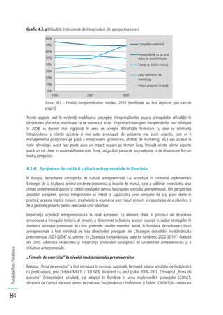 FundațiaPost-Privatizare
84
Grafic 4.3.g Dificultăți întâmpinate de întreprinderi, din perspectiva cererii
Sursa: INS - Profilul întreprinzătorilor români, 2010 (tendințele au fost obținute prin calcule
proprii)
Aceste aspecte scot în evidență modificarea percepției întreprinzătorilor asupra principalelor dificultăți în
dezvoltarea afacerilor, modificare ce se datorează crizei. Proprietarii/managerii întreprinderilor nou înființate
în 2008 au devenit mai îngrijorați în ceea ce privește dificultățile financiare cu care se confruntă
întreprinderea și clienții acesteia și mai puțin preocupați de probleme mai puțin urgente, cum ar fi
managementul poziționării pe piață a întreprinderii (promovare, abilități de marketing, etc.) sau accesul la
noile tehnologii. Acest fapt poate avea un impact negativ pe termen lung, întrucât aceste ultime aspecte
joacă un rol cheie în sustenabilitatea unei firme, asigurând șansa de supraviețuire și de dinamizare într-un
mediu competitiv.
4.3.4. Sprijinirea dezvoltării culturii antreprenoriale în România
În Europa, dezvoltarea conceptului de cultură antreprenorială s-a accentuat în contextul implementării
Strategiei de la Lisabona privind creșterea economică și locurile de muncă, care a subliniat necesitatea unui
climat antreprenorial pozitiv și creării condițiilor pentru încurajarea spiritului antreprenorial. Din perspectiva
abordării europene, spiritul întreprinzător se referă la capacitatea unei persoane de a-și pune ideile în
practică; aceasta implică inovare, creativitate și asumarea unor riscuri precum și capacitatea de a planifica și
de a gestiona proiecte pentru realizarea unor obiective.
Importanța acordată antreprenoriatului la nivel european, ca element cheie în procesul de dezvoltare
armonioasă a întregului teritoriu al Uniunii, a determinat includerea acestui concept în cadrul strategiilor în
domeniul educației promovate de către guvernele statelor membre. Astfel, în România, dezvoltarea culturii
antreprenoriale a fost introdusă pe lista obiectivelor principale ale „Strategiei dezvoltării învățământului
preuniversitar 2001-2004” și, ulterior, în „Strategia învățământului superior românesc 2002-2010”. Aceasta
din urmă subliniază necesitatea și importanța promovării conceptului de universitate antreprenorială și a
inițiativei antreprenoriale.
„Firmele de exercițiu” la nivelul învățământului preuniversitar
Metoda „firma de exercițiu” a fost introdusă în curricula națională, la nivelul tuturor unităților de învățământ
cu profil servicii, prin Ordinul MECT 3172/2006, începând cu anul școlar 2006-2007. Conceptul „firma de
exercițiu” (întreprindere simulată) s-a adoptat în România în urma implementării proiectului ECONET,
dezvoltat de Centrul Național pentru Dezvoltarea Învățământului Profesional și Tehnic (CNDIPT) în colaborare
0%
10%
20%
30%
40%
50%
60%
70%
80%
2006 2007 2007
Competiție puternică
Întreprinderile cu un grad
redus de conștientizare
Clienți cu fonduri reduse
Lipsa abilităților de
marketing
Prețuri prea mici în piață
 