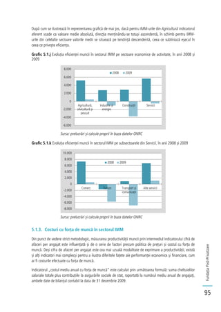 FundațiaPost-Privatizare
95
După cum se ilustrează în reprezentarea grafică de mai jos, dacă pentru IMM-urile din Agricultură indicatorul
aferent scade ca valoare medie absolută, direcția menținându-se totuși ascendentă, în schimb pentru IMM-
urile din celelalte sectoare valorile medii se situează pe tendință descendentă, ceea ce subliniază eșecul în
ceea ce privește eficiența.
Grafic 5.1.j Evoluția eficienței muncii în sectorul IMM pe sectoare economice de activitate, în anii 2008 și
2009
Sursa: prelucrări și calcule proprii în baza datelor ONRC
Grafic 5.1.k Evoluția eficienței muncii în sectorul IMM pe subsectoarele din Servicii, în anii 2008 și 2009
Sursa: prelucrări și calcule proprii în baza datelor ONRC
5.1.3. Costuri cu forța de muncă în sectorul IMM
Din punct de vedere strict metodologic, măsurarea productivității muncii prin intermediul indicatorului cifră de
afaceri per angajat este influențată și de o serie de factori precum politica de prețuri și costul cu forța de
muncă. Deși cifra de afaceri per angajat este cea mai uzuală modalitate de exprimare a productivității, există
și alți indicatori mai complecși pentru a ilustra diferitele fațete ale performanței economice și financiare, cum
ar fi costurile efectuate cu forța de muncă.
Indicatorul „costul mediu anual cu forța de muncă” este calculat prin următoarea formulă: suma cheltuielilor
salariale totale plus contribuțiile la asigurările sociale de stat, raportată la numărul mediu anual de angajați,
ambele date de bilanțul contabil la data de 31 decembrie 2009.
-6.000
-4.000
-2.000
0
2.000
4.000
6.000
8.000
Agricultură,
silvicultură și
pescuit
Industrie și
energie
Construcții Servicii
2008 2009
-8.000
-6.000
-4.000
-2.000
0
2.000
4.000
6.000
8.000
10.000
Comerț Turism Transport și
comunicații
Alte servicii
2008 2009
 