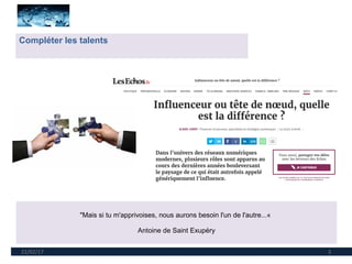 22/02/17 3
Compléter les talents
"Mais si tu m'apprivoises, nous aurons besoin l'un de l'autre...«
Antoine de Saint Exupéry
 