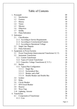 Page | 3
Table of Contents
1. Powergrid 09
1.1 Introduction 09
1.2 Features 09
1.3 History 10
1.4 Vision 10
1.5 Mission 10
1.6 Objectives 11
1.7 Quality 11
1.8 Patna Substation 12
2. Substation 13
2.1 Classification 13
2.1.1 According to Service Requirements 13
2.1.2 According to Constructional Features 13
2.1.3 According to Operational Voltage 14
2.2 Single Line Diagram 14
2.3 Patna Substation 14
3. Equipments in Power Systems 16
3.1 Power Transformer (Interconnected Transformer I.C.T) 16
3.2 Instrument Transformer 18
3.2.1 Current Transformer 18
3.2.2 Types of Current Transformer 19
3.2.3 Capacitive Voltage Transformer (C.V.T.) 20
3.3 Busbar 21
3.3.1 Typical Bus Configuration 21
3.3.1.1 Single Bus 21
3.3.1.2 Sectionalised Bus 22
3.3.1.3 Breaker and a Half 23
3.3.1.4 Double Breaker and Double Bus 24
3.4 Isolator 25
3.5 Relay 26
3.6 Circuit Breaker 26
3.7 SF6 Circuit Breaker 27
3.8 Reactor 28
3.9 Wave Trap 28
3.10 Lightning Arrester 28
4. Transformer 30
4.1 Components of Transformer 30
4.1.1 Core 31
 