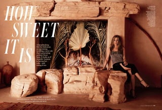 HOW
SWEET
ITIS
BY AMY SYNNOTT
PHOTOGRAPHED BY MICHELANGELO DI BATTISTA
STYLED BY MELISSA RUBINI
A breathtaking
Bel-Air hideaway,
an upcoming
wedding, a new role
that’s generating
serious Oscar
buzz. It looks as if
Jennifer Aniston
is having her
cake—and
eating it too
InStyle / FEBRUARY 2015 181
LANVIN
Cotton mesh tank,
silk camisole, and
wool skirt.
Beladora 14kt or 18kt
gold necklaces and
14kt gold bracelets
(except where noted,
worn throughout).
Gucci sterling silver
and gold-ﬁnished
horse-bit bracelet
(on left wrist, worn
throughout).
Left-hand ring,
worn throughout,
her own. Calvin
Klein Collection
suede heels.
 