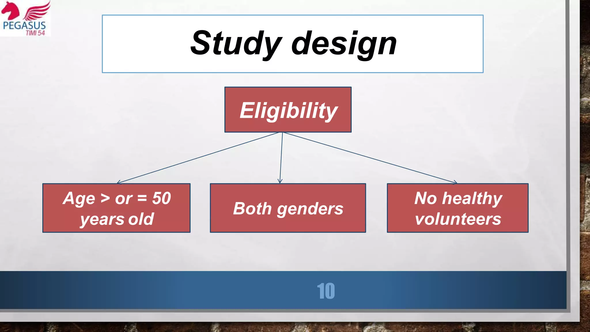 Study design
10
Eligibility
Age > or = 50
years old
Both genders
No healthy
volunteers
 