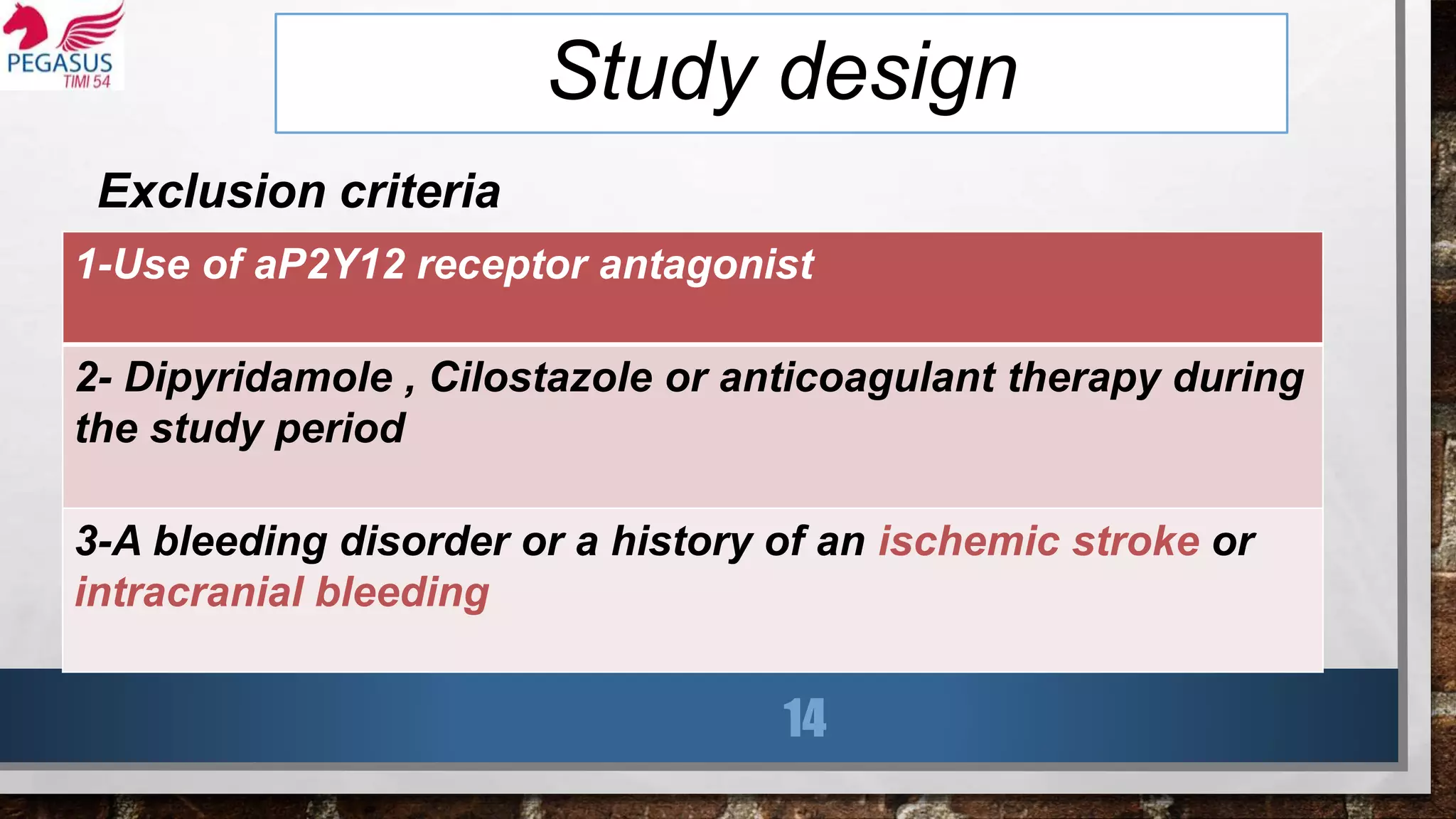 Study design
Exclusion criteria
14
1-Use of aP2Y12 receptor antagonist
2- Dipyridamole , Cilostazole or anticoagulant therapy during
the study period
3-A bleeding disorder or a history of an ischemic stroke or
intracranial bleeding
 