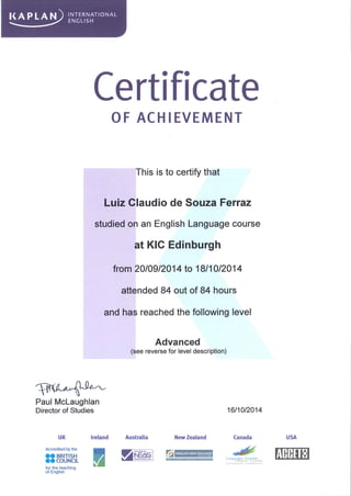 Luiz Ferraz - Certificate English Course Edinburgh Front