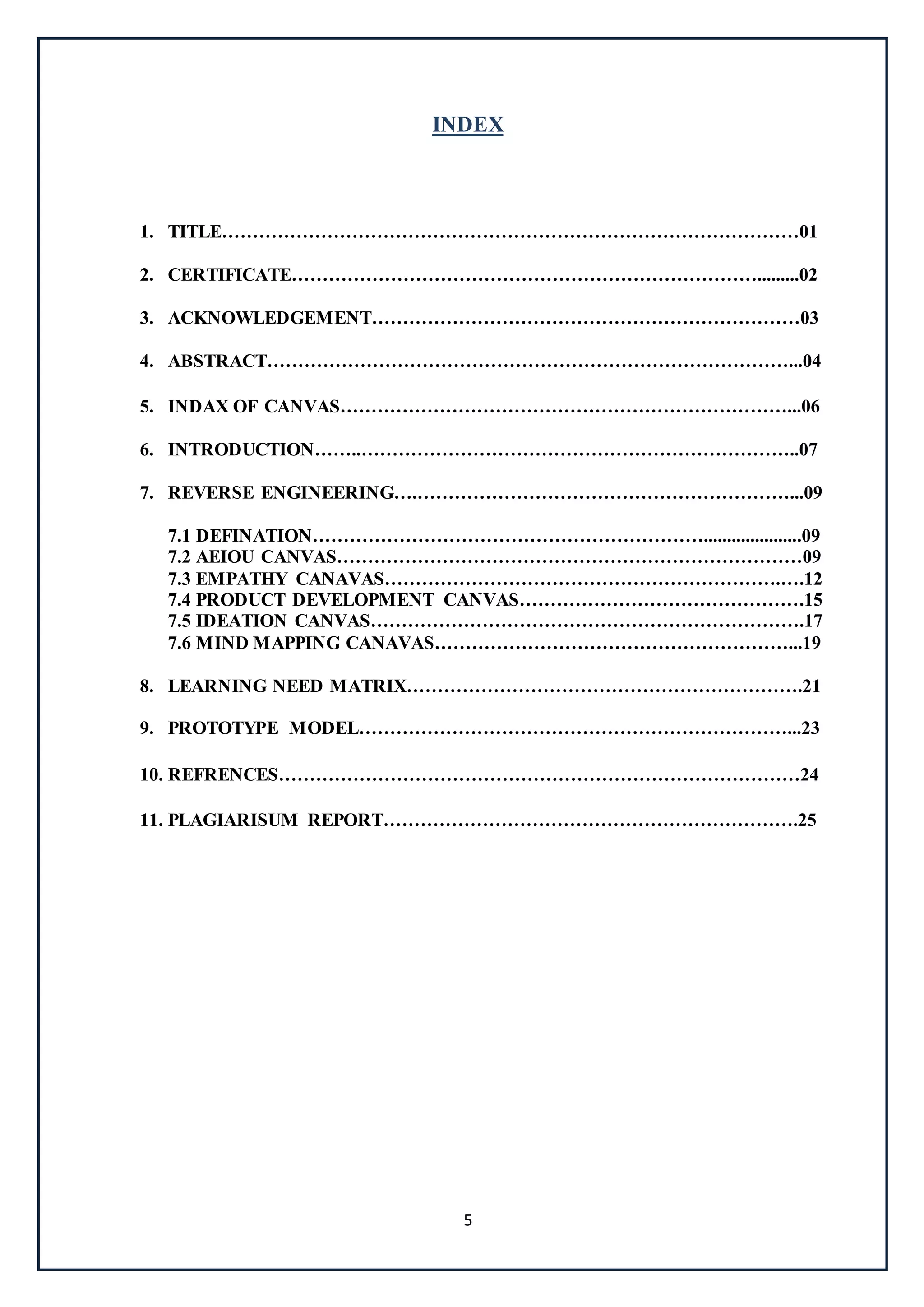 5
INDEX
1. TITLE…………………………………………………………………………………01
2. CERTIFICATE………………………………………………………………….........02
3. ACKNOWLEDGEMENT……………………………………………………………03
4. ABSTRACT…………………………………………………………………………...04
5. INDAX OF CANVAS………………………………………………………………...06
6. INTRODUCTION……..……………………………………………………………..07
7. REVERSE ENGINEERING….……………………………………………………...09
7.1 DEFINATION……………………………………………………….....................09
7.2 AEIOU CANVAS…………………………………………………………………09
7.3 EMPATHY CANAVAS……………………………………………………….….12
7.4 PRODUCT DEVELOPMENT CANVAS……………………………………….15
7.5 IDEATION CANVAS…………………………………………………………….17
7.6 MIND MAPPING CANAVAS…………………………………………………...19
8. LEARNING NEED MATRIX……………………………………………………….21
9. PROTOTYPE MODEL……………………………………………………………...23
10. REFRENCES…………………………………………………………………………24
11. PLAGIARISUM REPORT………………………………………………………….25
 