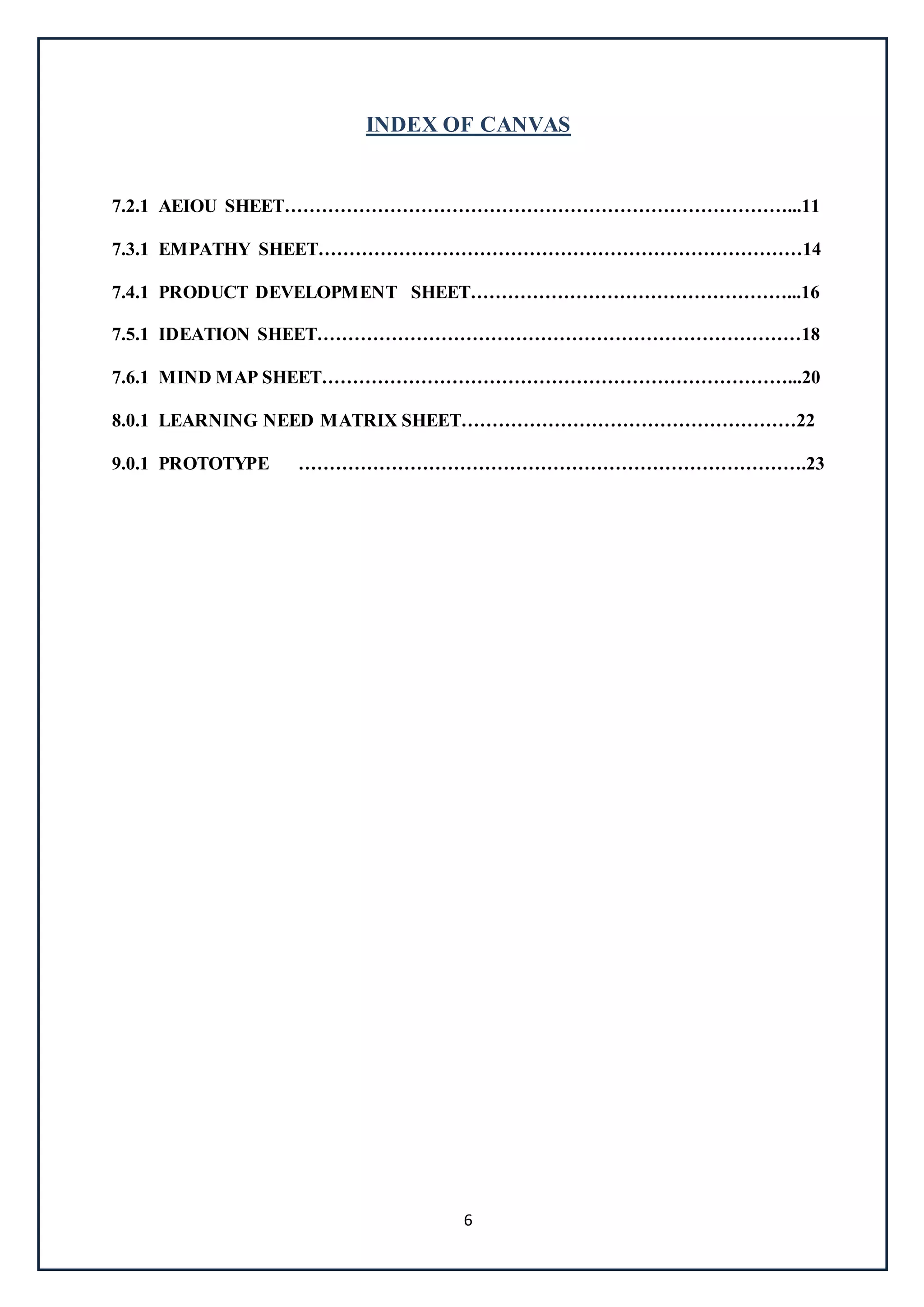 6
INDEX OF CANVAS
7.2.1 AEIOU SHEET………………………………………………………………………...11
7.3.1 EMPATHY SHEET……………………………………………………………………14
7.4.1 PRODUCT DEVELOPMENT SHEET……………………………………………...16
7.5.1 IDEATION SHEET……………………………………………………………………18
7.6.1 MIND MAP SHEET…………………………………………………………………...20
8.0.1 LEARNING NEED MATRIX SHEET………………………………………………22
9.0.1 PROTOTYPE ……………………………………………………………………….23
 