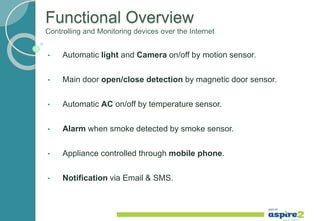 Functional Overview
Controlling and Monitoring devices over the Internet
• Automatic light and Camera on/off by motion sensor.
• Main door open/close detection by magnetic door sensor.
• Automatic AC on/off by temperature sensor.
• Alarm when smoke detected by smoke sensor.
• Appliance controlled through mobile phone.
• Notification via Email & SMS.
 