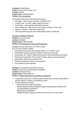 3
Company: Ramle Nesher
Project: Cement Dry Process, Line 1
Location: Ramle
Project value: US$ 80,000,000
Position: Site management
Construction Supervisor of the following structures:
• Preheater – steel structure, cyclones, refractory lining
• Transfer area – air ducts, pipes, support structures
• Electro filter – steel structure and internal systems
• Raw material mill – steel structure, mill, piping, cyclones, and air ducts
• Stacker / reclaimer – steel work construction
• 120m high steel structures with a total weight of about 15,000 tons
Company: Ashkelon Polymers
Project: Plant construction
Location: Ashkelon
Project Value: US$ 8,000,000
Position: Site management and project Engineering
Management and construction of a 7,500 m² plant
The "Turn-key" project included:
• Preparation of Sub-base and drainage system on a 12,000 m² area
• Coordination between production systems and structure planning
• Construction of a 7,500 m² steel structures with metal sheet walling and roofing
• Planning and supervision of the erection of tanks, piping, and pump systems
• Coordination electricity and control works
• Equipment assembly direction and supervision
• run-up tests and plant operation
Company: The National Coal Supply Company
Project: Coal-terminal construction and operation
Location: Ashdod terminal
Project Value: US$ 40,000,000
Position: Project engineering and operation management
• Construction supervision of steel structures (5000 tons), conveyor belts (2500 m),
and two stacker / reclaimer units (600 tons each)
• Terminal operation included:
- Recruiting and training of employees
- Routine operation and coordination between Israel Railways, Ashdod Port,
and Israel Electric Corporation
- Maintenance management
- Material Handling, storage and shipment (2 million tons of coal/ year)
 