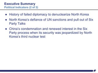 Executive Summary
Political Indicators (2 of 2)
● History of failed diplomacy to denuclearize North Korea
● North Korea’s defiance of UN sanctions and pull out of Six
Party Talks
● China’s condemnation and renewed interest in the Six
Party process when its security was jeopardized by North
Korea’s third nuclear test
 