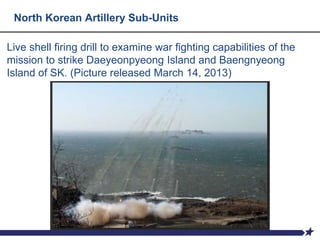 Live shell firing drill to examine war fighting capabilities of the
mission to strike Daeyeonpyeong Island and Baengnyeong
Island of SK. (Picture released March 14, 2013)
North Korean Artillery Sub-Units
 