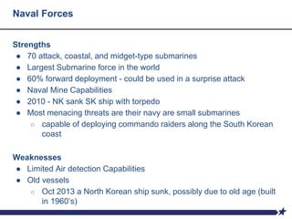 Naval Forces
Strengths
● 70 attack, coastal, and midget-type submarines
● Largest Submarine force in the world
● 60% forward deployment - could be used in a surprise attack
● Naval Mine Capabilities
● 2010 - NK sank SK ship with torpedo
● Most menacing threats are their navy are small submarines
○ capable of deploying commando raiders along the South Korean
coast
Weaknesses
● Limited Air detection Capabilities
● Old vessels
○ Oct 2013 a North Korean ship sunk, possibly due to old age (built
in 1960’s)
 