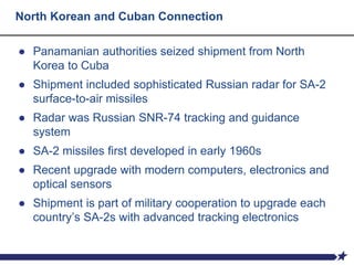 North Korean and Cuban Connection
● Panamanian authorities seized shipment from North
Korea to Cuba
● Shipment included sophisticated Russian radar for SA-2
surface-to-air missiles
● Radar was Russian SNR-74 tracking and guidance
system
● SA-2 missiles first developed in early 1960s
● Recent upgrade with modern computers, electronics and
optical sensors
● Shipment is part of military cooperation to upgrade each
country’s SA-2s with advanced tracking electronics
 