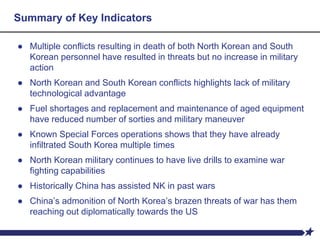 Summary of Key Indicators
● Multiple conflicts resulting in death of both North Korean and South
Korean personnel have resulted in threats but no increase in military
action
● North Korean and South Korean conflicts highlights lack of military
technological advantage
● Fuel shortages and replacement and maintenance of aged equipment
have reduced number of sorties and military maneuver
● Known Special Forces operations shows that they have already
infiltrated South Korea multiple times
● North Korean military continues to have live drills to examine war
fighting capabilities
● Historically China has assisted NK in past wars
● China’s admonition of North Korea’s brazen threats of war has them
reaching out diplomatically towards the US
 