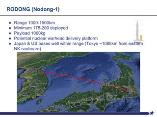 RODONG (Nodong-1)
● Range 1000-1500km
● Minimum 175-200 deployed
● Payload 1000kg
● Potential nuclear warhead delivery platform
● Japan & US bases well within range (Tokyo ~1088km from eastern
NK seaboard)
 