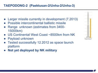 TAEPODONG-2 (Paektusan-2/Unha-2/Unha-3)
● Larger missile currently in development (7.2013)
● Possible intercontinental ballistic missile
● Range unknown (estimates from 3400-
15000km)
● US Continental West Coast ~8500km from NK
● Payload unknown
● Tested successfully 12.2012 as space launch
platform
● Not yet deployed by NK military
 
