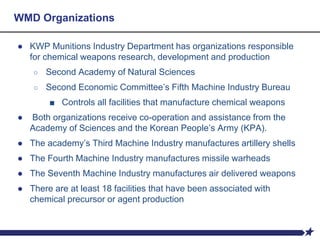 WMD Organizations
● KWP Munitions Industry Department has organizations responsible
for chemical weapons research, development and production
○ Second Academy of Natural Sciences
○ Second Economic Committee’s Fifth Machine Industry Bureau
■ Controls all facilities that manufacture chemical weapons
● Both organizations receive co-operation and assistance from the
Academy of Sciences and the Korean People’s Army (KPA).
● The academy’s Third Machine Industry manufactures artillery shells
● The Fourth Machine Industry manufactures missile warheads
● The Seventh Machine Industry manufactures air delivered weapons
● There are at least 18 facilities that have been associated with
chemical precursor or agent production
 