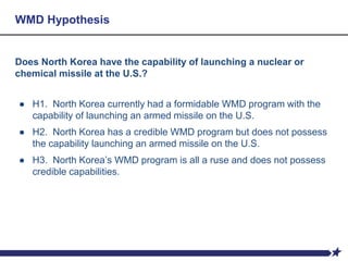 WMD Hypothesis
Does North Korea have the capability of launching a nuclear or
chemical missile at the U.S.?
● H1. North Korea currently had a formidable WMD program with the
capability of launching an armed missile on the U.S.
● H2. North Korea has a credible WMD program but does not possess
the capability launching an armed missile on the U.S.
● H3. North Korea’s WMD program is all a ruse and does not possess
credible capabilities.
 