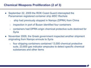Chemical Weapons Proliferation (2 of 3)
● September 22, 2009 the ROK Coast Guard intercepted the
Panamanian registered container ship MSC Rachele
○ ship had previously stopped in Nampo (DPRK) from China
○ inspection in port of Busan identified four containers
○ containers had DPRK-origin chemical protective suits destined for
Syria
● November 2009, the Greek government inspected another shipment
originating from Nampo enroute to Syria
○ four shipping containers contained 13,000 chemical protective
suits, 23,600 gas indicator ampoules to detect specific chemical
substances and other items
 