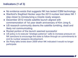 Indicators (1 of 3)
● No evidence exists that suggests NK has tested ICBM technology
● Stanford's Siegfried Hecker says the 2013 nuclear test takes NK 1
step closer to miniaturizing a missile ready weapon.
● December 2012 missile satellite launch aligned with
commemoration of 1st year death anniversary of Kim Jong-IL
● US research community deems the satellite tumbling, dead and
likely not communicating.
● Rocket portion of the launch seemed successful
● US policy is to execute “strategic patience” calls to increase pressure on
NK sanctions to encourage the state to follow through on commitments to
end its nuclear weapons development.
● Six Party talks broke down 2009 when NK indicated it would no longer
participate
 