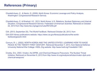 References (Primary)
Chanlett-Avery, E., & Nanto, D. (2009). North Korea: Economic Leverage and Policy Analysis.
Washington: Congressional Research Service.
Chanlett-Avery, E. & Rinehart, I.E.. 2013. North Korea: U.S. Relations, Nuclear Diplomacy and Internal
Situation. Congressional Research Service. Federation of American Scientist. Retrieved on October
22, 2013 from http://www.fas.org/sgp/crs/nuke/R41259.pdf
CIA. (2013, September 25). The World FactBook. Retrieved October 26, 2013, from
CIA.GOV library publications website: https://www.cia.gov/library/publications/the-world-
factbook/geos/kn.html
Cornum, R. L. (2002). NORTH KOREA AND THE UNITED STATES: LEARNING HOW TO WAGE
PEACE IN THE TWENTY FIRST CENTURY. Retrieved November 7, 2013, from National Defense
University National War College: HSDL.Org website: http://www.hsdl.org/?view&did=1381
Croddy, Eric. 2003. Vinalon, the DPRK, and Chemical Weapons Precursors. The Nuclear Threat
Initiative. Retrieved on November 6, 2013 from http://www.nti.org/analysis/articles/vinalon-dprk-and-
chemical-weapons/
 