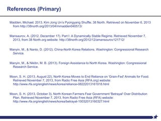 References (Primary)
Madden, Michael. 2013. Kim Jong Un’s Pyongyang Shuffle. 38 North. Retrieved on November 6, 2013
from http://38north.org/2013/04/mmadden040513/
Mansaurov, A. (2012, December 17). Part I: A Dynamically Stable Regime. Retrieved November 7,
2013, from 38 North.org website: http://38north.org/2012/12/amansourov121712/
Manyin, M., & Nanto, D. (2012). China-North Korea Relations. Washington: Congressional Research
Service.
Manyin, M., & Nikitin, M. B. (2013). Foreign Assistance to North Korea. Washington: Congressional
Research Service.
Moon, S. H. (2013, August 22). North Korea Moves to End Reliance on 'Grain-Fed' Animals for Food.
Retrieved November 7, 2013, from Radio Free Asia (RFA.org) website:
http://www.rfa.org/english/news/korea/reliance-08222013161918.html
Moon, S. H. (2013, October 3). North Korean Farmers Fear Government 'Betrayal' Over Distribution
Plan. Retrieved November 7, 2013, from Radio Free Asia (RFA) website:
http://www.rfa.org/english/news/korea/betrayal-10032013160327.html
 