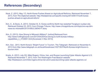 References (Secondary)
Keck, Z. (2013, May 17). North Korea Pushes Ahead on Agricultural Reforms. Retrieved November 7,
2013, from The Diplomat website: http://thediplomat.com/pacific-money/2013/05/17/north-korea-
pushes-ahead-on-agricultural-reform/
Kim, C., & Davis, A. (2013, October 8). S. Korea confirms North has restarted Yongbyon nuclear site.
Retrieved October 23, 2013, from Chicago Tribune: http://www.chicagotribune.com/topic/sns-wp-blm-
news-bc-nkorea08-20131008,0,3804517.story
Kim, S. (2013). How Strong Is NKorea's Military?. [online] Retrieved from:
http://www.huffingtonpost.com/2013/04/25/how-strong-is-north-koreas-military-
capabilities_n_3153691.html [Accessed: 4 Nov 2013].
Kim, Soo . 2013. North Korea’s “Bright Future” in Tourism. The Telegraph. Retrieved on November 6,
2013 from http://www.telegraph.co.uk/travel/travelnews/10271837/North-Koreas-bright-future-in-
tourism.html
Kredo, A. (2013, July 22). Mike Rogers: China, Iran, and Russia Launching Cyber Attacks Against U.S.
Retrieved November 7, 2013, from The Washington Free Beacon website:
http://freebeacon.com/mike-rogers-china-iran-and-russia-launching-cyber-attacks-against-u-s/
 