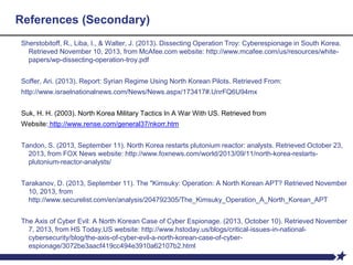 References (Secondary)
Sherstobitoff, R., Liba, I., & Walter, J. (2013). Dissecting Operation Troy: Cyberespionage in South Korea.
Retrieved November 10, 2013, from McAfee.com website: http://www.mcafee.com/us/resources/white-
papers/wp-dissecting-operation-troy.pdf
Soffer, Ari. (2013). Report: Syrian Regime Using North Korean Pilots. Retrieved From:
http://www.israelnationalnews.com/News/News.aspx/173417#.UnrFQ6U94mx
Suk, H. H. (2003). North Korea Military Tactics In A War With US. Retrieved from
Website: http://www.rense.com/general37/nkorr.htm
Tandon, S. (2013, September 11). North Korea restarts plutonium reactor: analysts. Retrieved October 23,
2013, from FOX News website: http://www.foxnews.com/world/2013/09/11/north-korea-restarts-
plutonium-reactor-analysts/
Tarakanov, D. (2013, September 11). The "Kimsuky: Operation: A North Korean APT? Retrieved November
10, 2013, from
http://www.securelist.com/en/analysis/204792305/The_Kimsuky_Operation_A_North_Korean_APT
The Axis of Cyber Evil: A North Korean Case of Cyber Espionage. (2013, October 10). Retrieved November
7, 2013, from HS Today.US website: http://www.hstoday.us/blogs/critical-issues-in-national-
cybersecurity/blog/the-axis-of-cyber-evil-a-north-korean-case-of-cyber-
espionage/3072be3aacf419cc494e3910a62107b2.html
 
