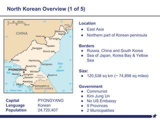 North Korean Overview (1 of 5)
Location
● East Asia
● Northern part of Korean peninsula
Borders
● Russia, China and South Korea
● Sea of Japan, Korea Bay & Yellow
Sea
Size:
● 120,538 sq km (~ 74,898 sq miles)
Government
● Communist
● Kim Jung Un
● No US Embassy
● 9 Provinces
● 2 Municipalities
Capital PYONGYANG
Language Korean
Population 24,720,407
 