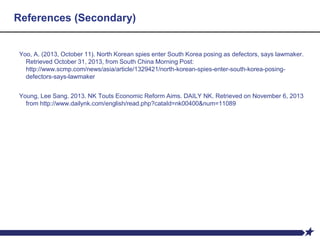 References (Secondary)
Yoo, A. (2013, October 11). North Korean spies enter South Korea posing as defectors, says lawmaker.
Retrieved October 31, 2013, from South China Morning Post:
http://www.scmp.com/news/asia/article/1329421/north-korean-spies-enter-south-korea-posing-
defectors-says-lawmaker
Young, Lee Sang. 2013. NK Touts Economic Reform Aims. DAILY NK. Retrieved on November 6, 2013
from http://www.dailynk.com/english/read.php?cataId=nk00400&num=11089
 
