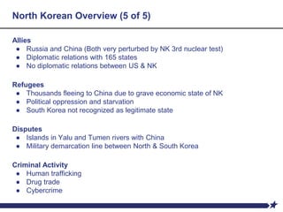 North Korean Overview (5 of 5)
Allies
● Russia and China (Both very perturbed by NK 3rd nuclear test)
● Diplomatic relations with 165 states
● No diplomatic relations between US & NK
Refugees
● Thousands fleeing to China due to grave economic state of NK
● Political oppression and starvation
● South Korea not recognized as legitimate state
Disputes
● Islands in Yalu and Tumen rivers with China
● Military demarcation line between North & South Korea
Criminal Activity
● Human trafficking
● Drug trade
● Cybercrime
 