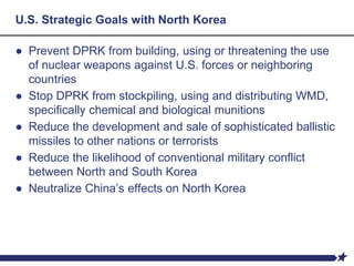 U.S. Strategic Goals with North Korea
● Prevent DPRK from building, using or threatening the use
of nuclear weapons against U.S. forces or neighboring
countries
● Stop DPRK from stockpiling, using and distributing WMD,
specifically chemical and biological munitions
● Reduce the development and sale of sophisticated ballistic
missiles to other nations or terrorists
● Reduce the likelihood of conventional military conflict
between North and South Korea
● Neutralize China’s effects on North Korea
 
